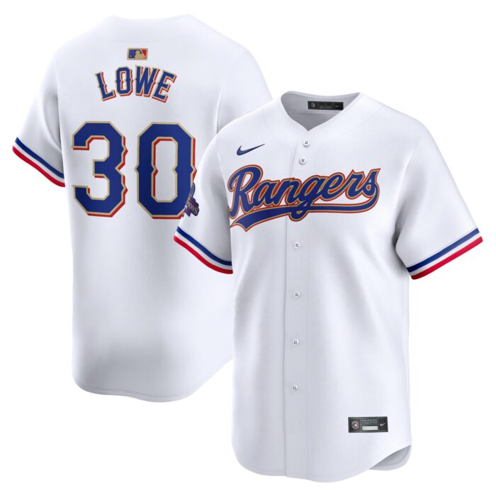 Men’s Texas Rangers Nathaniel Lowe Nike White 2024 Gold Collection Limited Player Jersey