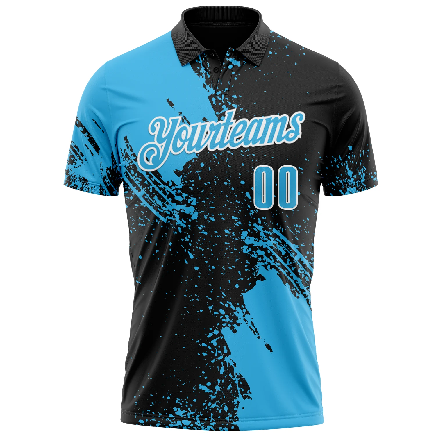 Custom Sky Blue Black-White 3D Pattern Design Abstract Brush Stroke Performance Polo Shirt
