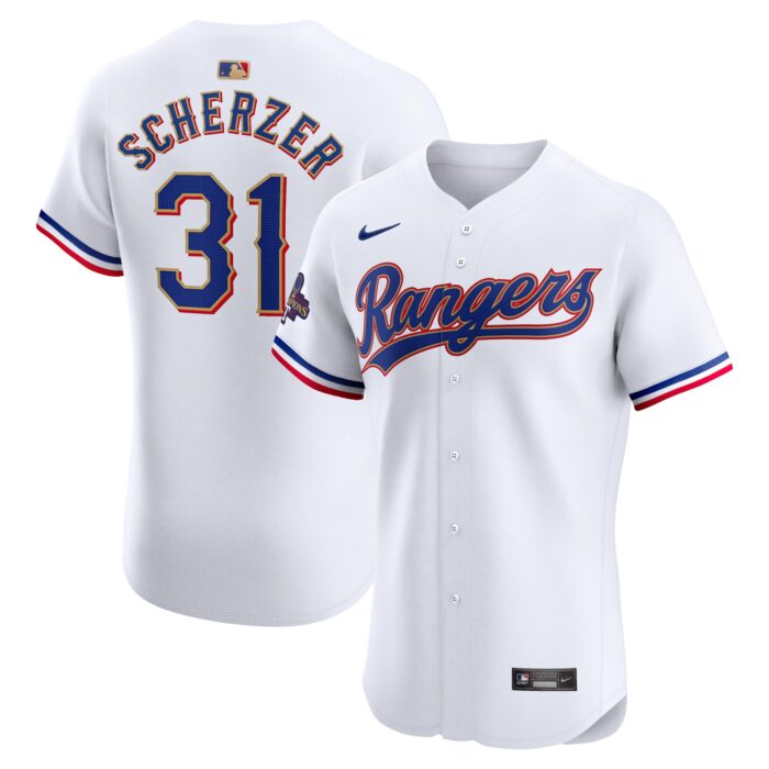Men’s Texas Rangers Max Scherzer Nike White 2024 Gold Collection Elite Player Jersey