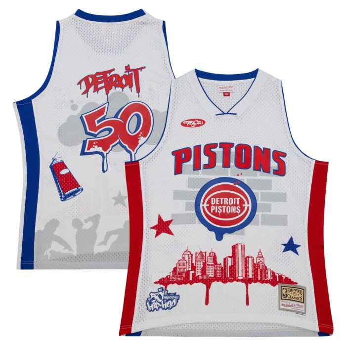 Men’s Detroit Pistons Mitchell & Ness x Tats Cru White Hardwood Classics Fashion Jersey