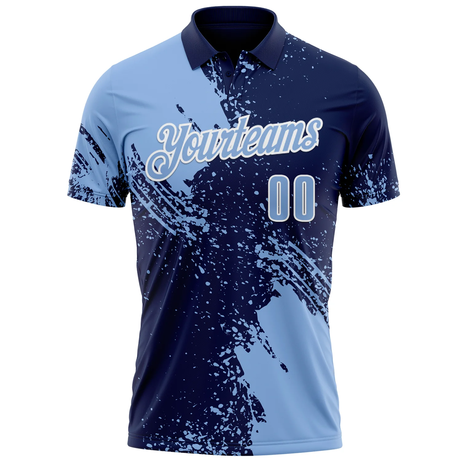 Custom Light Blue Navy-White 3D Pattern Design Abstract Brush Stroke Performance Polo Shirt