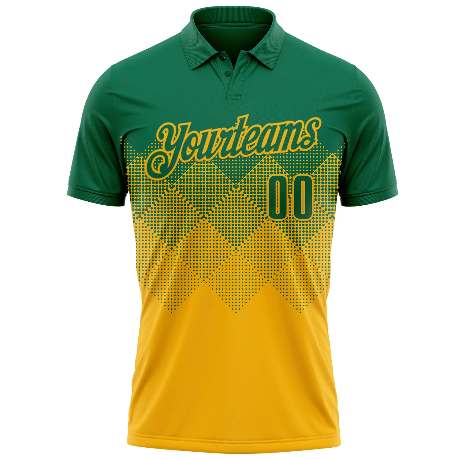 Custom Kelly Green Gold 3D Gradient Square Shape Performance Polo Shirt