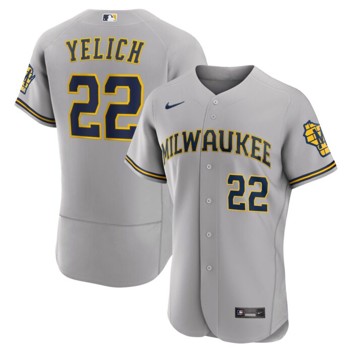 Men’s Milwaukee Brewers Christian Yelich Nike Gray Road Authentic Player Logo Jersey