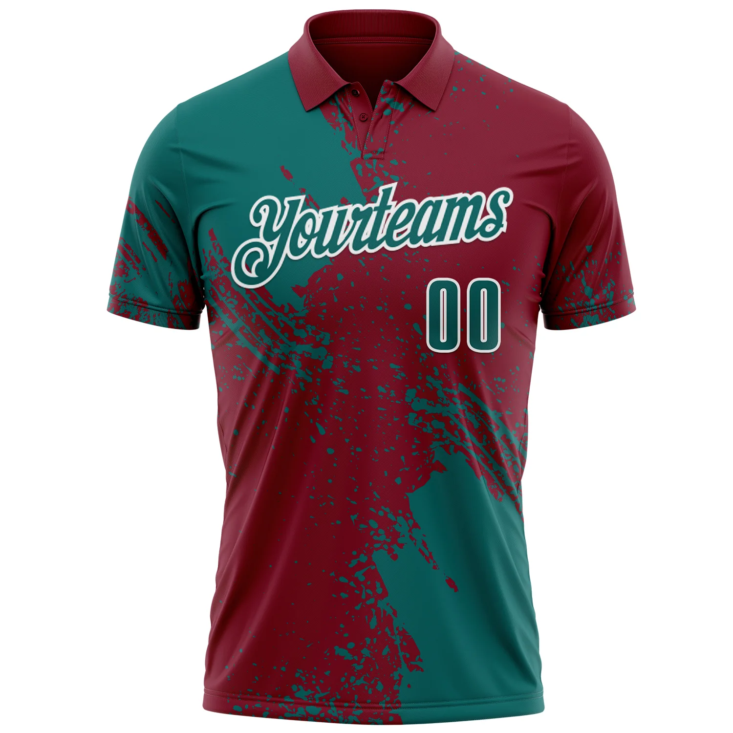 Custom Teal Crimson-White 3D Pattern Design Abstract Brush Stroke Performance Polo Shirt