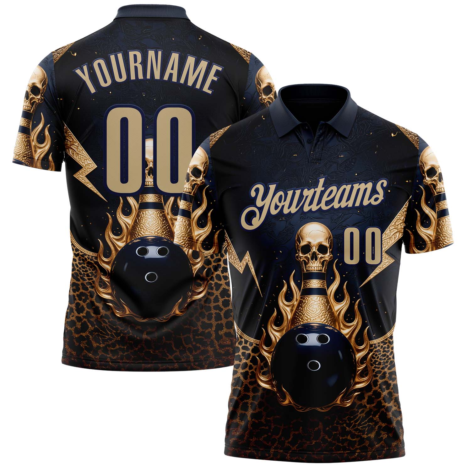 Custom Navy Vegas Gold 3D Leopard Print Metal Skull Bowling Performance Polo Shirt