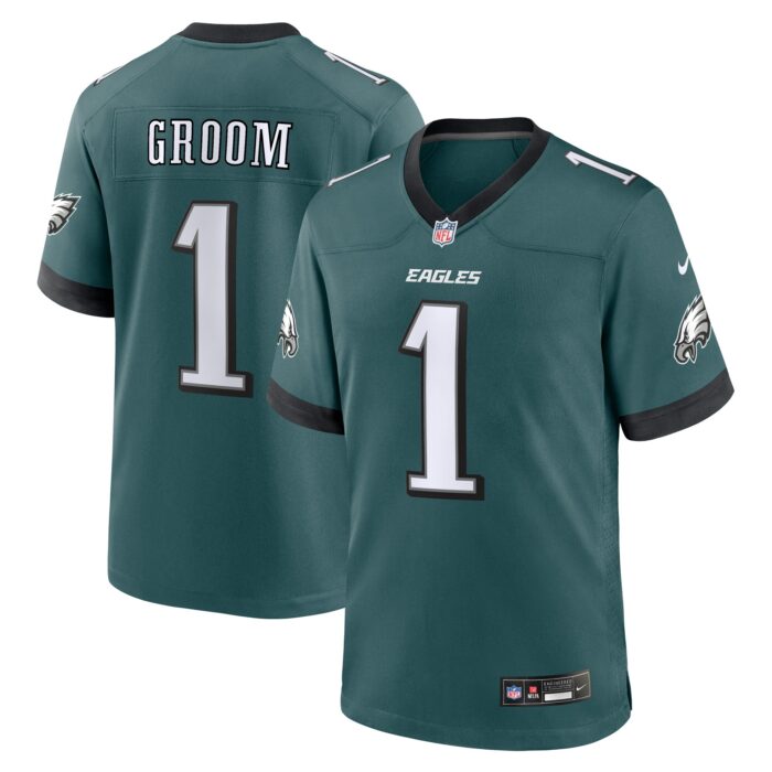 Men’s Philadelphia Eagles Number 1 Groom Nike Midnight Green Game Jersey