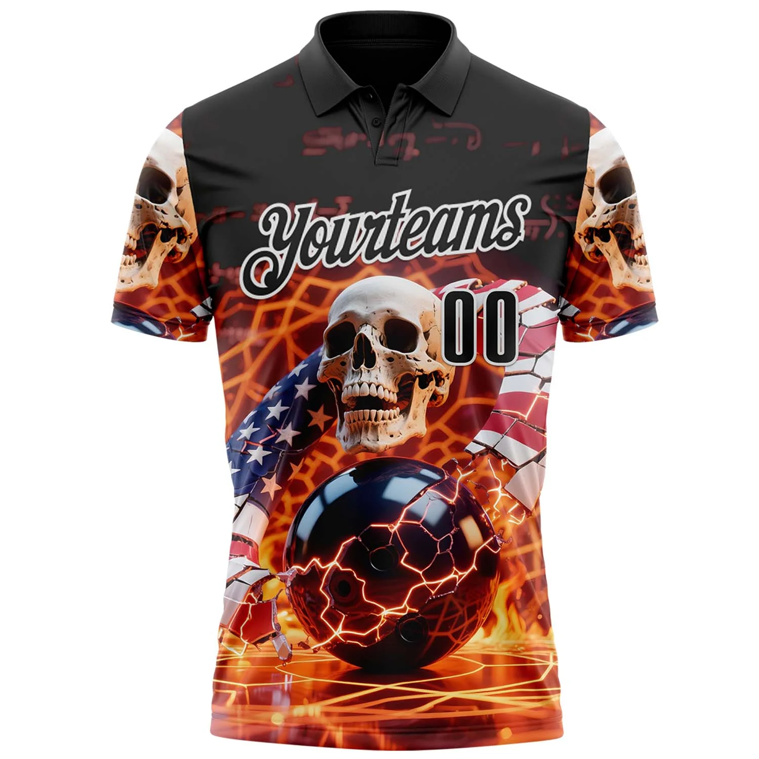 Custom Black White 3D American Flag Flame Lightning Skull Bowling Performance Polo Shirt