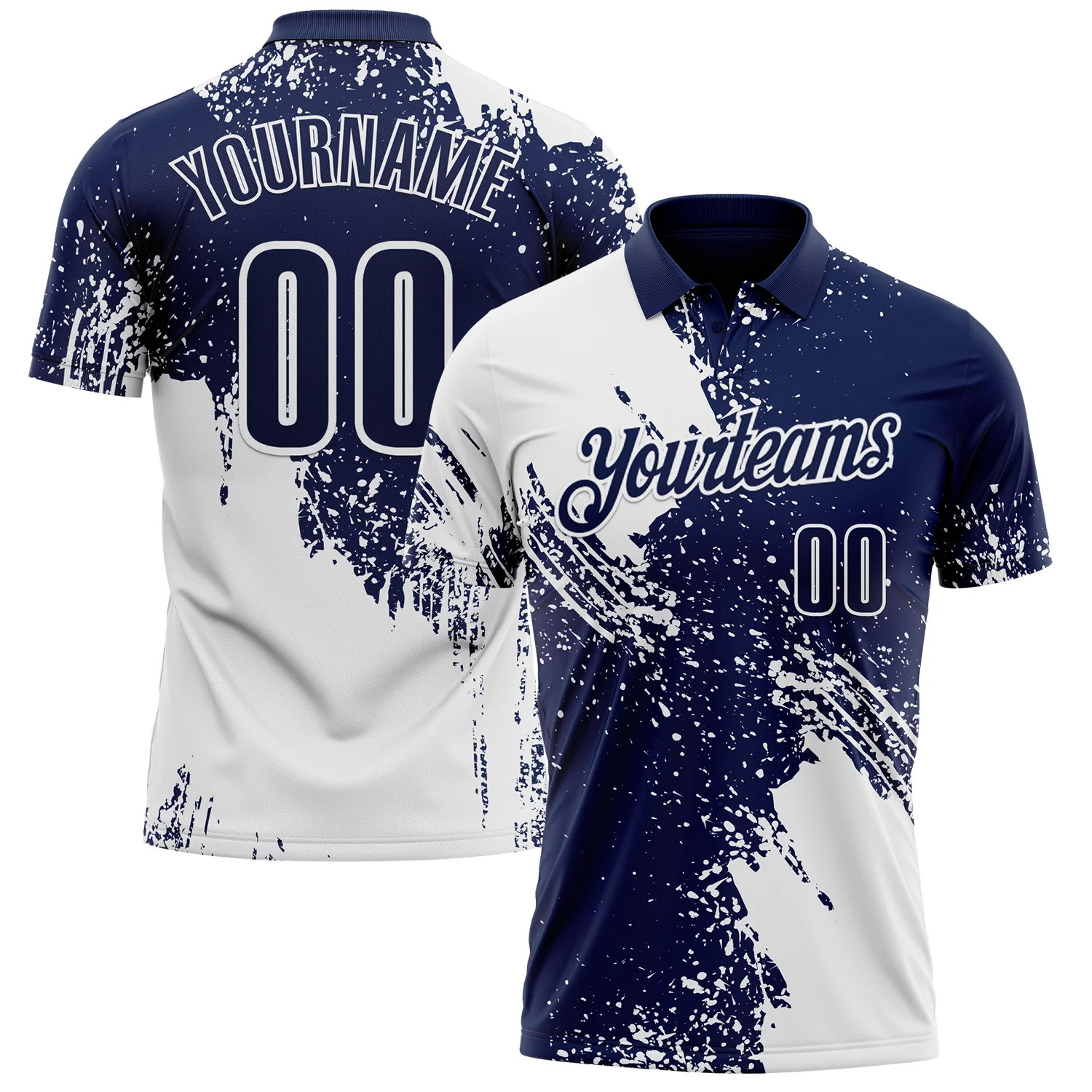 Custom White Navy 3D Pattern Design Abstract Brush Stroke Performance Polo Shirt