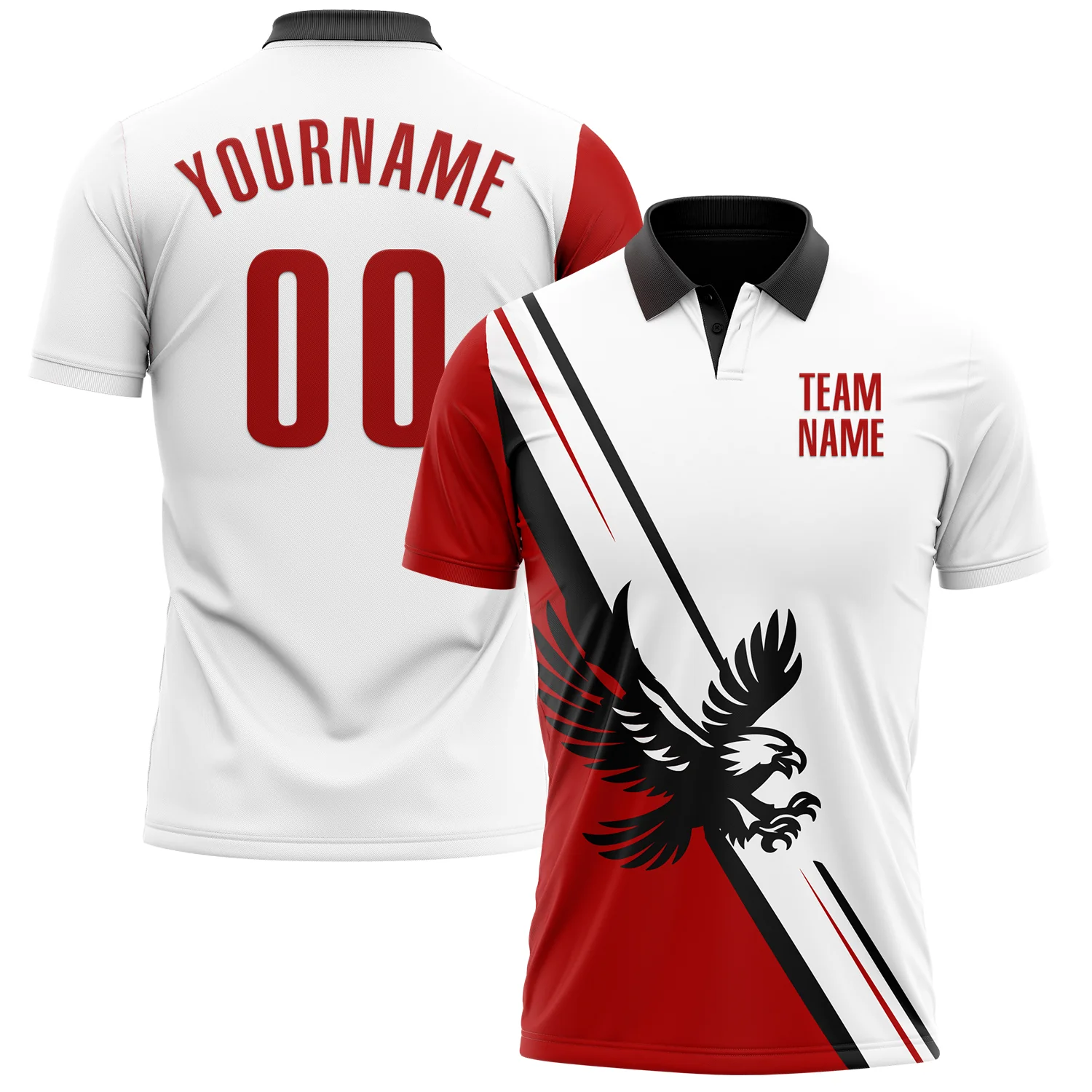 Custom White Red-Black 3D Pattern Design Animal Eagle Performance Polo Shirt