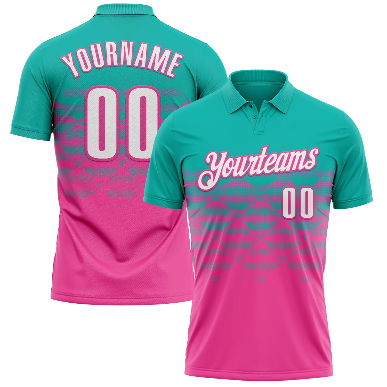 Custom Aqua White-Pink 3D Gradient Square Shape Performance Polo Shirt
