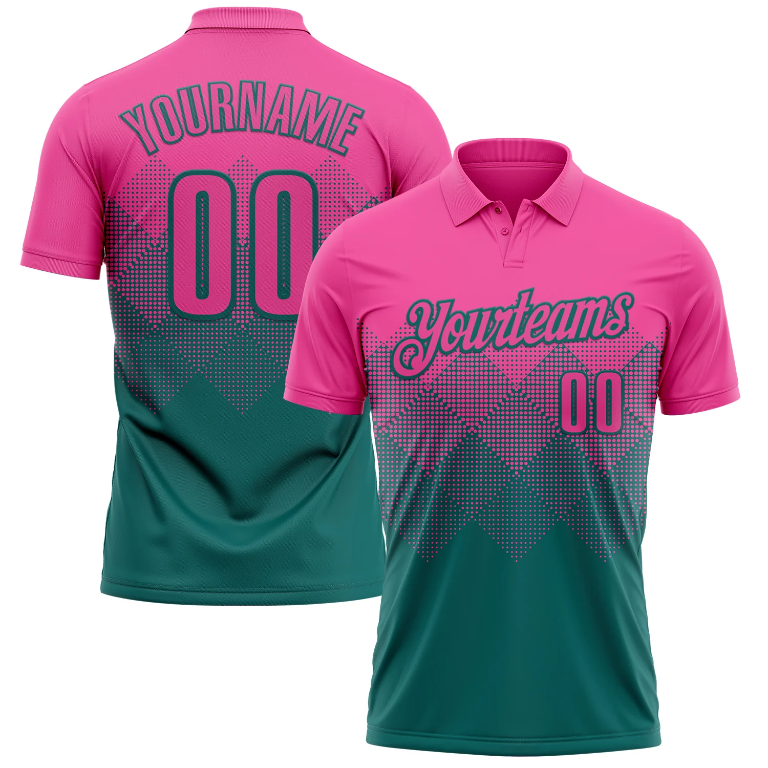 Custom Pink Teal 3D Gradient Square Shape Performance Polo Shirt