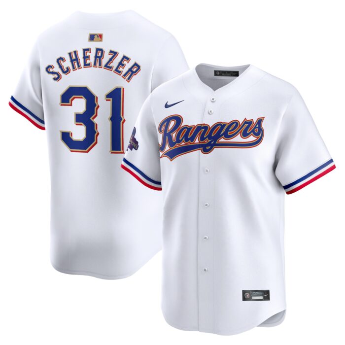 Men’s Texas Rangers Max Scherzer Nike White 2024 Gold Collection Limited Player Jersey