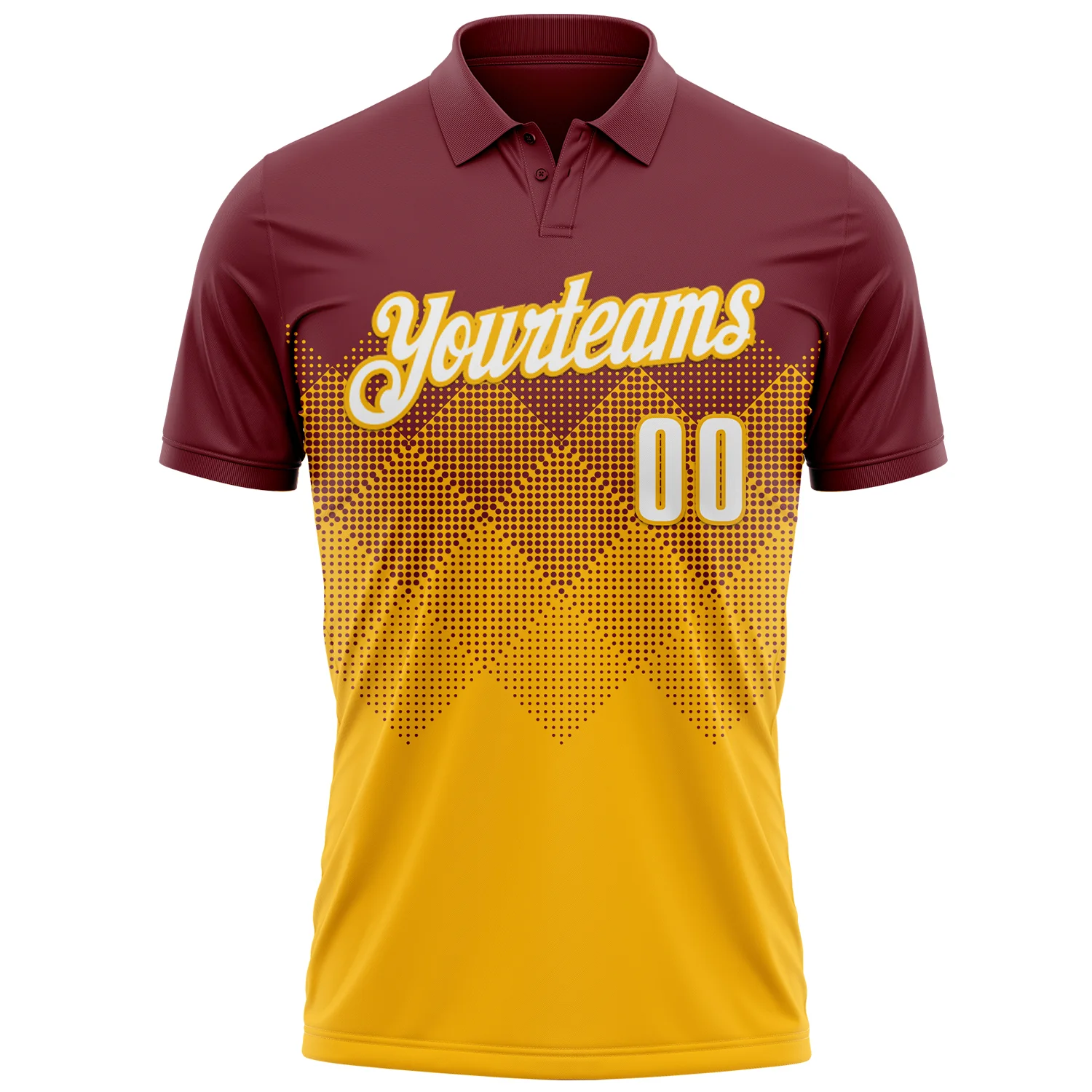 Custom Burgundy White-Gold 3D Gradient Square Shape Performance Polo Shirt