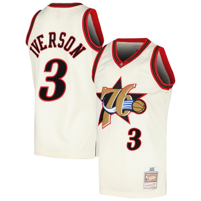 Men’s Philadelphia 76ers Allen Iverson Mitchell & Ness Cream Chainstitch Swingman Jersey