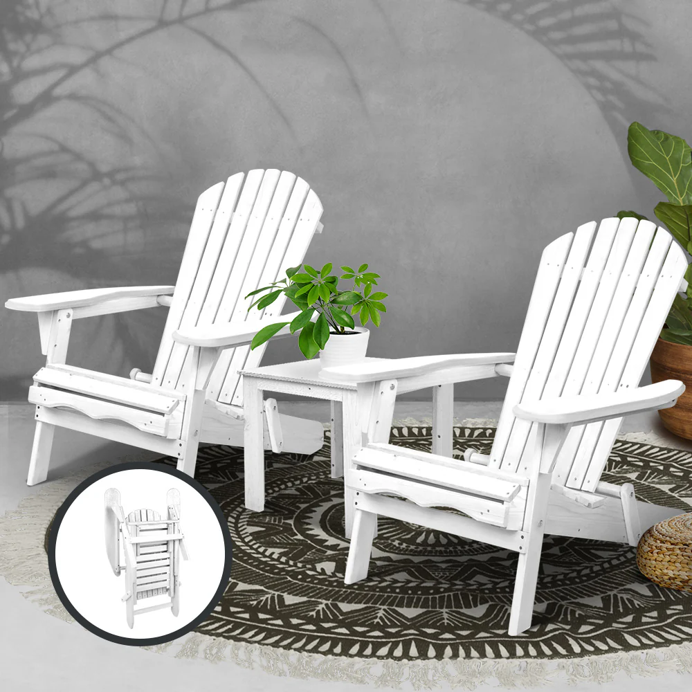 Foldable 3PC White Adirondack Chairs & Table Set by Gardeon