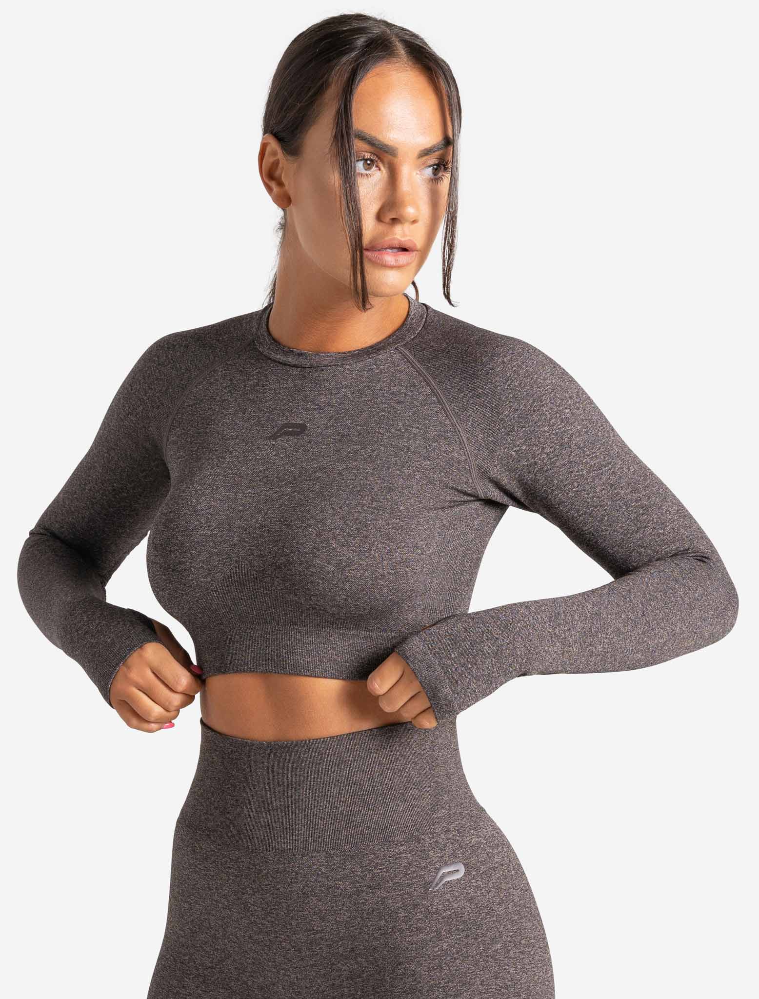 Core Seamless Long Sleeve Crop Top - Brown Marl