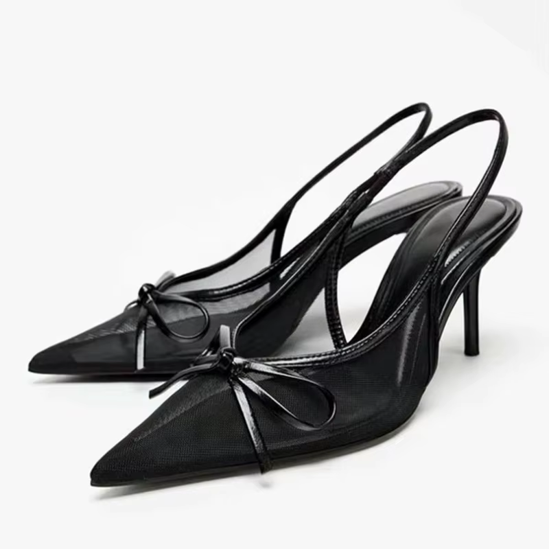 Higher Quality Mesh Bow Tie Designer Brand Sandals Women Sexy Pointed Toe Back Strap Thin High Heels Elegant Comfort Office Shoe