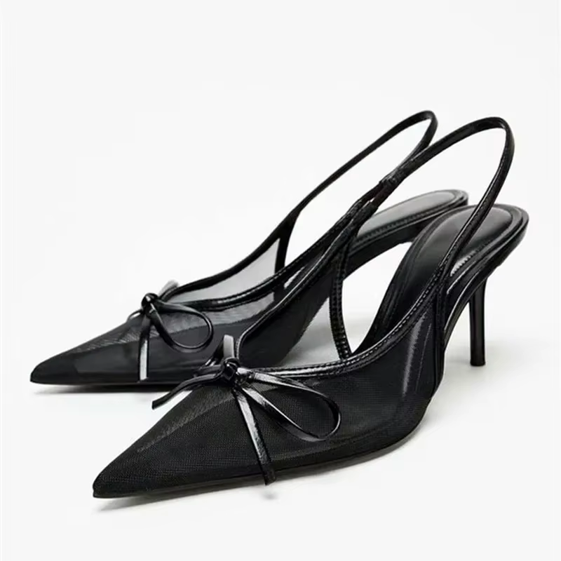 Higher Quality Mesh Bow Tie Designer Brand Sandals Women Sexy Pointed Toe Back Strap Thin High Heels Elegant Comfort Office Shoe