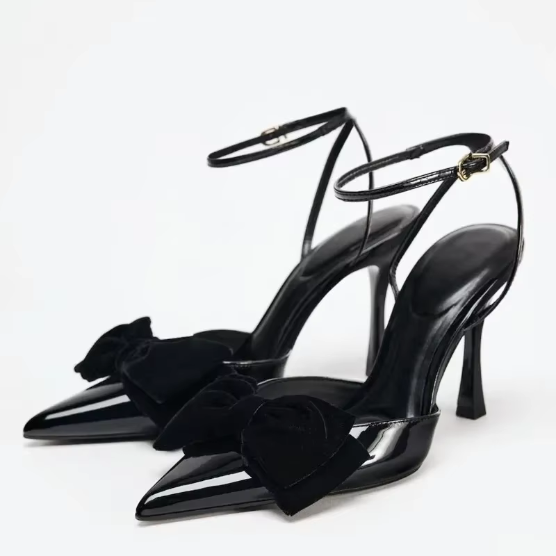 Elegant Black Bow Design Heels Women Sexy Pointed Toe Ankle Strap Buckle Thin Heel Sandal High Quality Patent Leather Dress Shoe