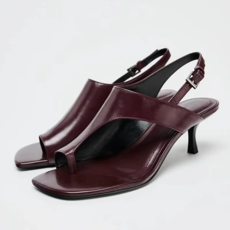Summer Soft Leather Clip Toe High Heels Sandals Women Retro Brand Square Toe Stiletto Heel Mules Slingback Buckle Strap Sandals