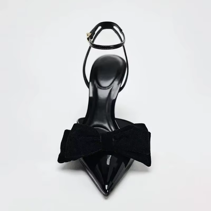 Elegant Black Bow Design Heels Women Sexy Pointed Toe Ankle Strap Buckle Thin Heel Sandal High Quality Patent Leather Dress Shoe