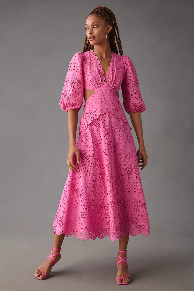 Farm Rio Scalloped Palm Eyelet Cutout Dress PINK - LLBeanoutlets