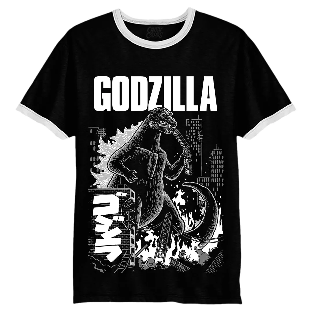 GODZILLA: NIGHT OF FIRE - RINGER T-SHIRT (GLOW IN THE DARK) - LLBeanoutlets