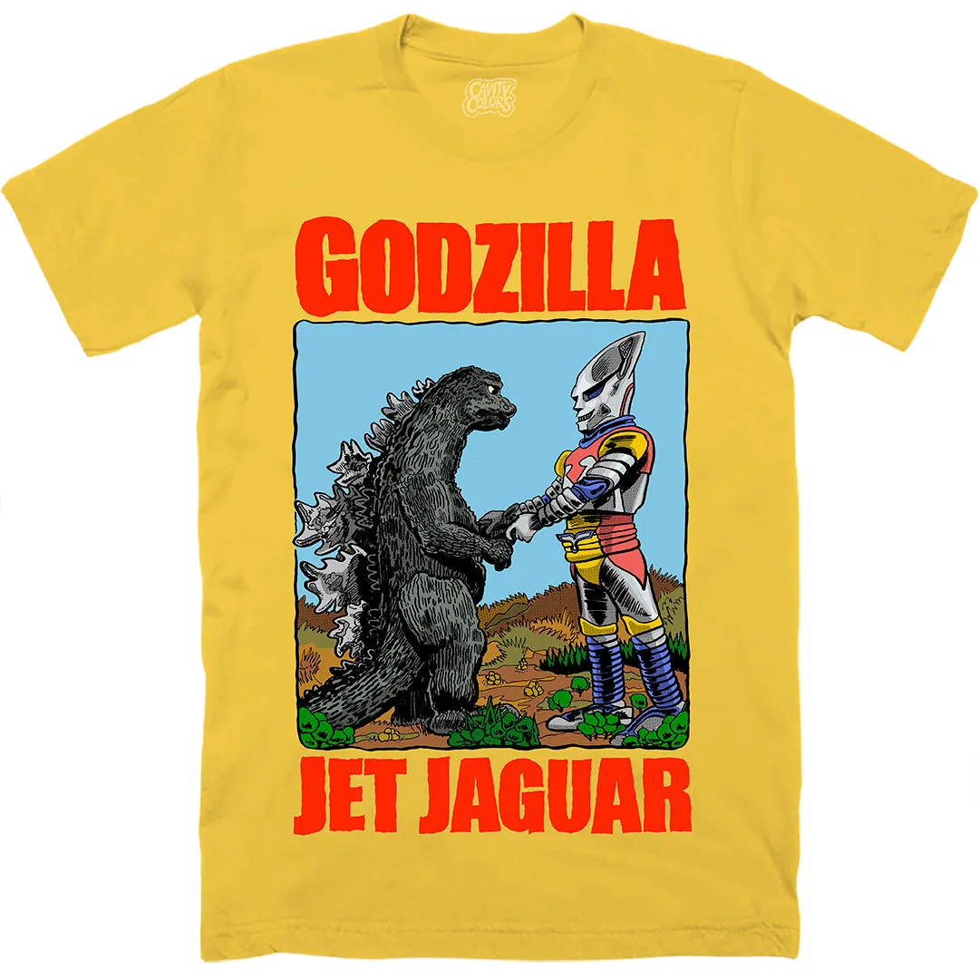 GODZILLA & JET JAGUAR: VICTORY HANDSHAKE - T-SHIRT (RETRO YELLOW) - LLBeanoutlets