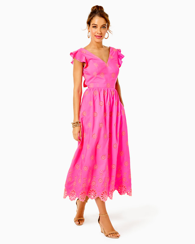 Lillyanne Flutter Sleeve Eyelet Midi Dress - LLBeanoutlets