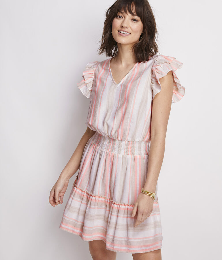 Striped V-Neck Smocked Dress - LLBeanoutlets