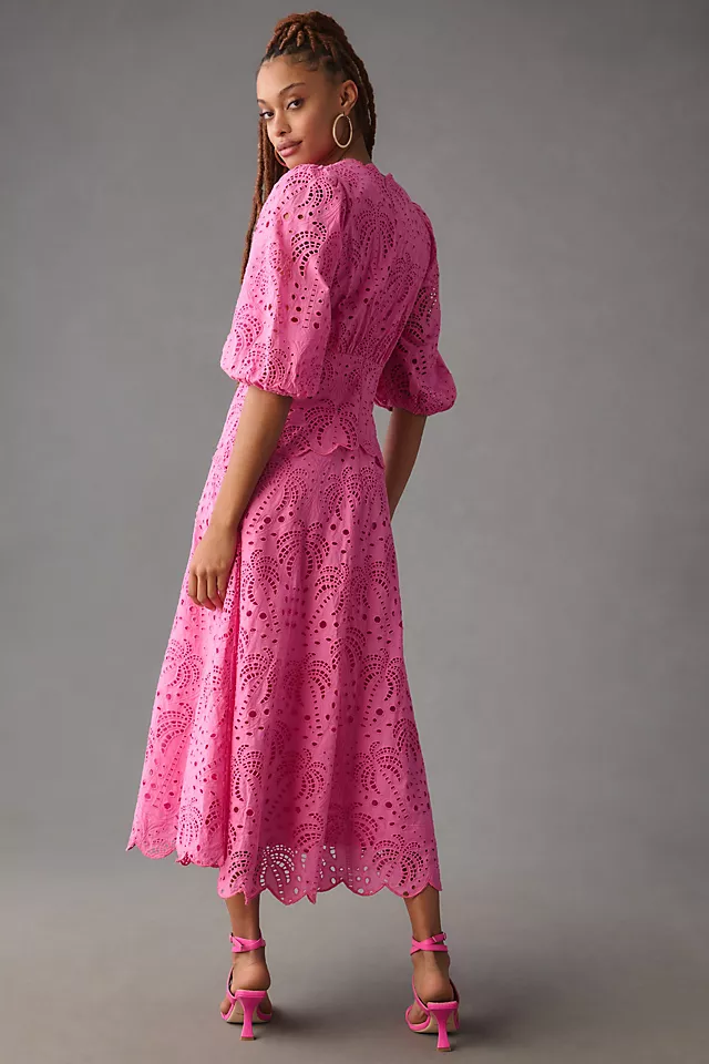 Farm Rio Scalloped Palm Eyelet Cutout Dress PINK - LLBeanoutlets