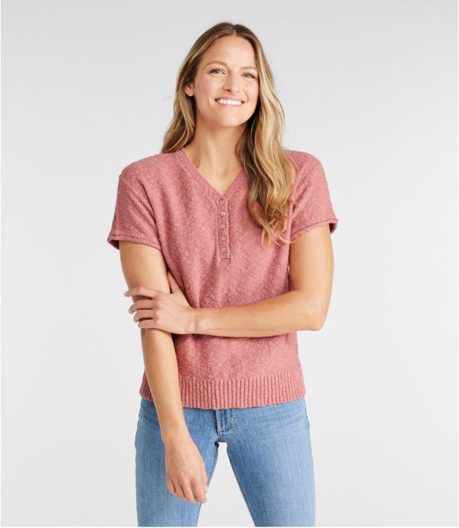 Women's Midweight Cotton Slub Sweater, Henley Short-Sleeve - LLBeanoutlets