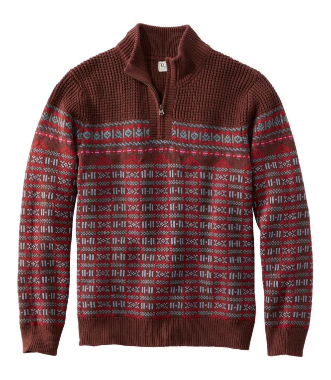 Men's L.L.Bean Organic Cotton Waffle Sweater, Quarter-Zip, Fair Isle - LLBeanoutlets