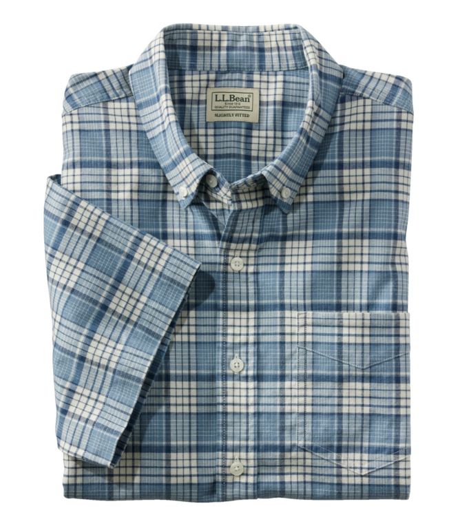 Men's Comfort Stretch Oxford, Slightly Fitted Untucked Fit, Short-Sleeve, Plaid - LLBeanoutlets