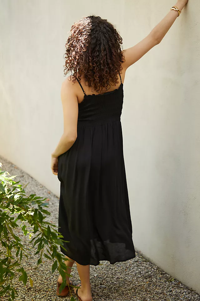 Blue Tassel Smocked Silky Dress BLACK - LLBeanoutlets
