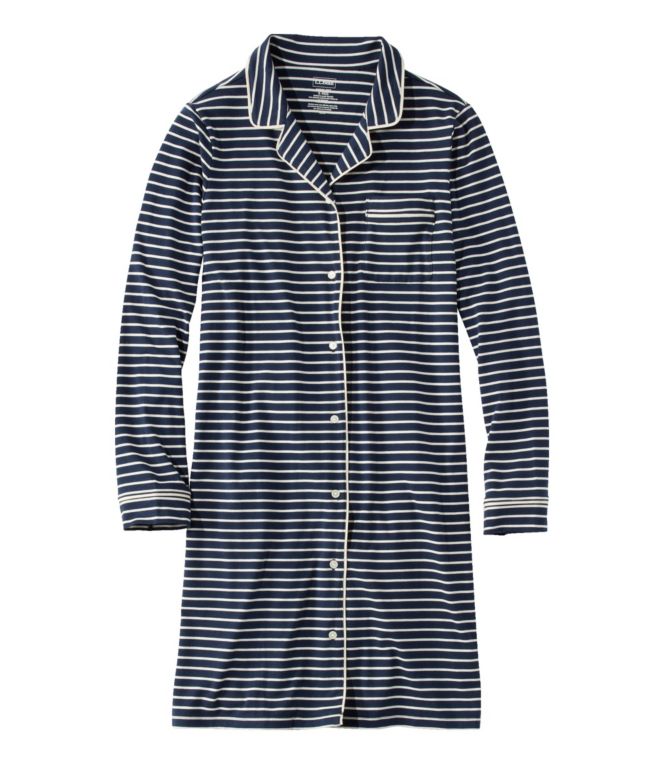 Women's Super-Soft Shrink-Free Button-Front Nightgown, Stripe - LLBeanoutlets