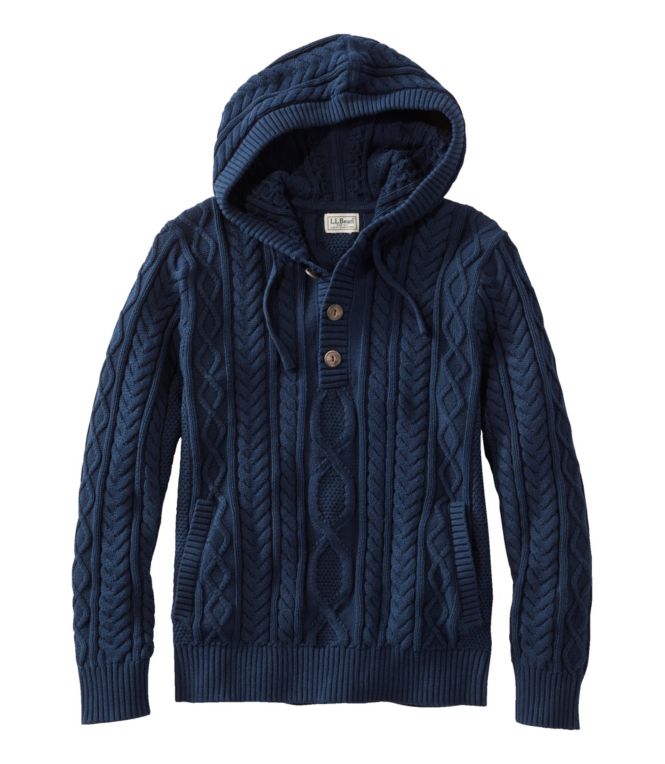 Men's Bean's Heritage Soft Cotton Fisherman Sweater, Henley Hoodie - LLBeanoutlets