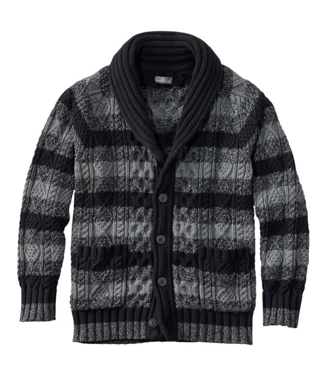 Men's Signature Cotton Fisherman Sweater, Shawl-Collar Cardigan, Stripe - LLBeanoutlets