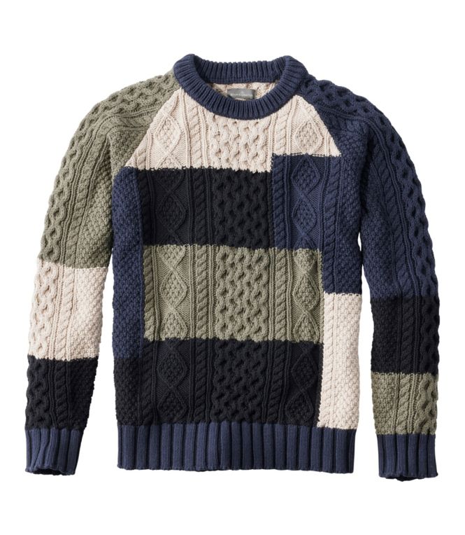 Men's Signature Cotton Fisherman Sweater, Crewneck, Colorblock - LLBeanoutlets