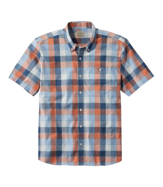 Men's Comfort Stretch Chambray Shirt, Traditional Untucked Fit, Short-Sleeve, Plaid - LLBeanoutlets