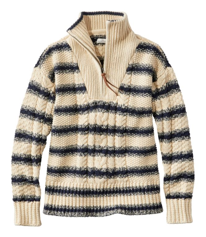 Women's Signature Cotton Fisherman Quarter Zip Sweater Stripe - LLBeanoutlets