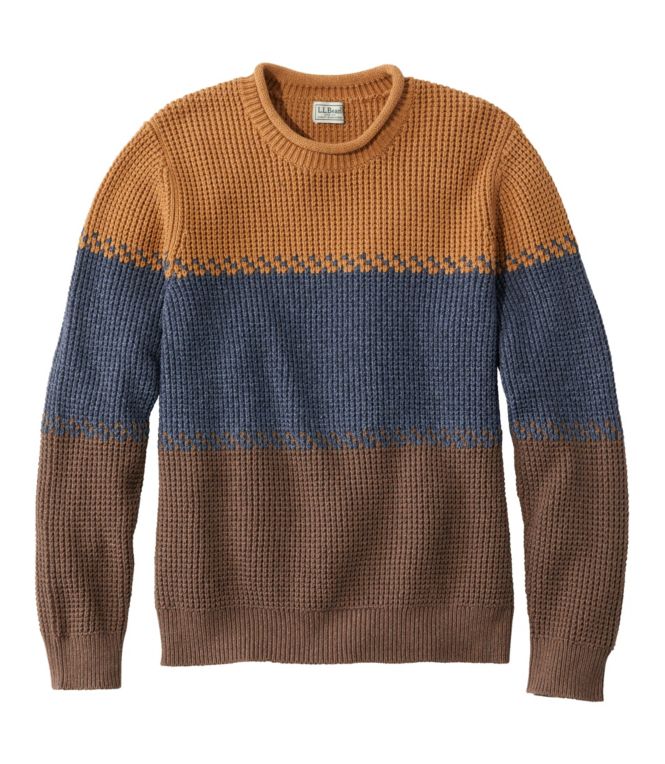 Men's Organic Cotton Waffle Sweater, Rollneck Crew, Stripe - LLBeanoutlets