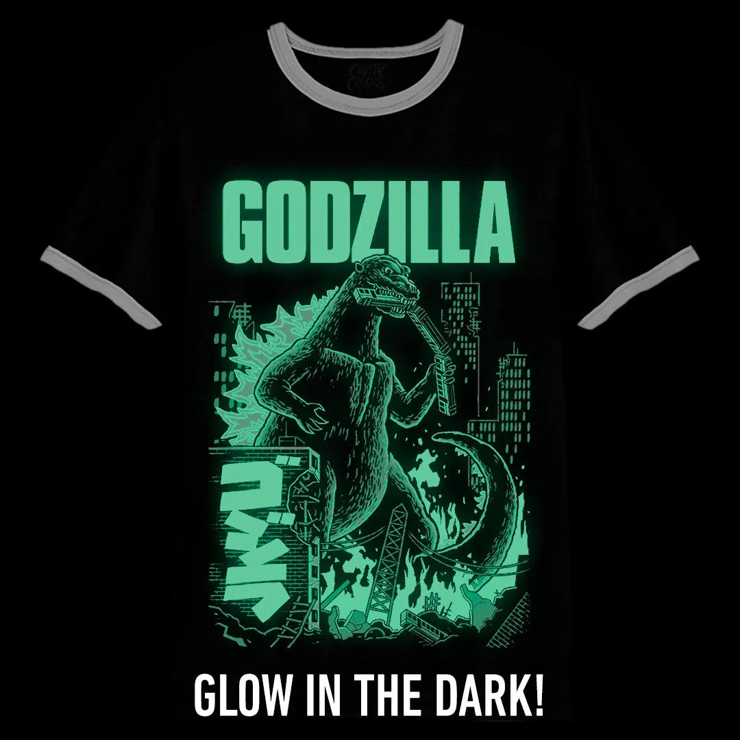 GODZILLA: NIGHT OF FIRE - RINGER T-SHIRT (GLOW IN THE DARK) - LLBeanoutlets