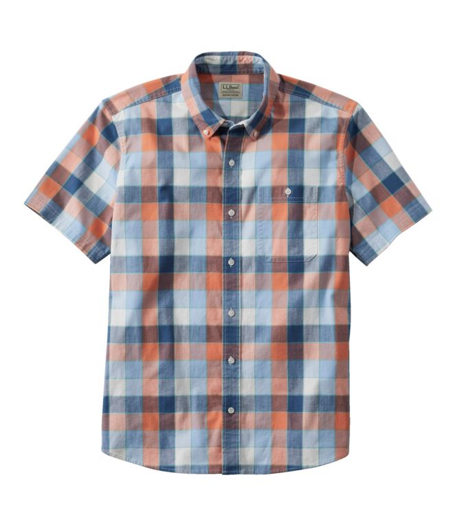 Men's Comfort Stretch Chambray Shirt, Slightly Fitted Untucked Fit, Short-Sleeve, Plaid - LLBeanoutlets