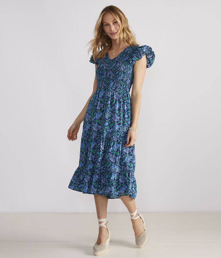 Floral Smocked V-Neck Maxi Dress - LLBeanoutlets