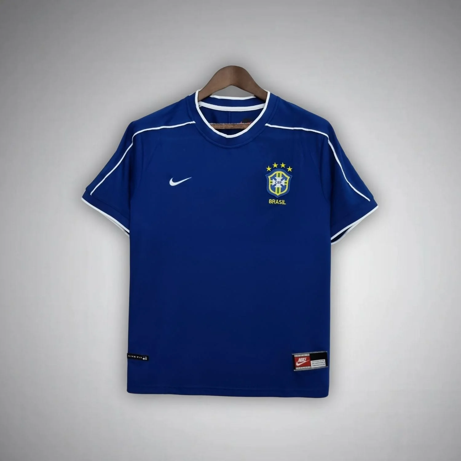 1998 Brazil away short-sleeve shirt with blue body and white neckline and shoulder detailing