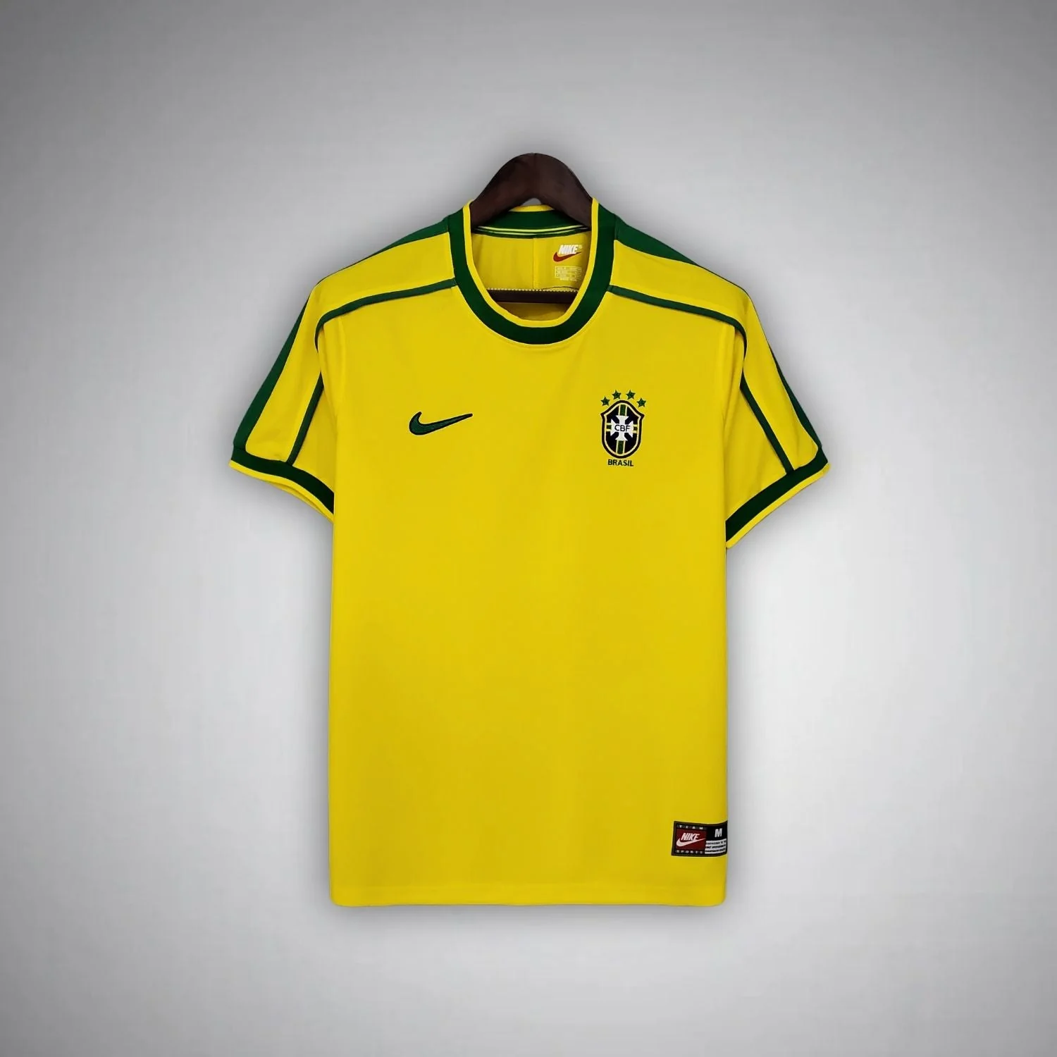 1998 Brazil home short-sleeve shirt with yellow body, green round neck and fine shoulder lines