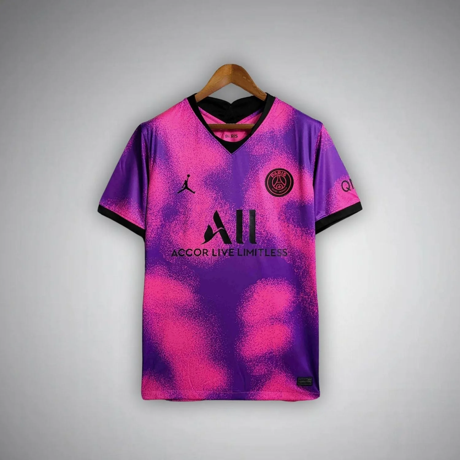Pink and purple PSG fourth shirt with black V-neck, short-sleeve edges and ALL sponsor