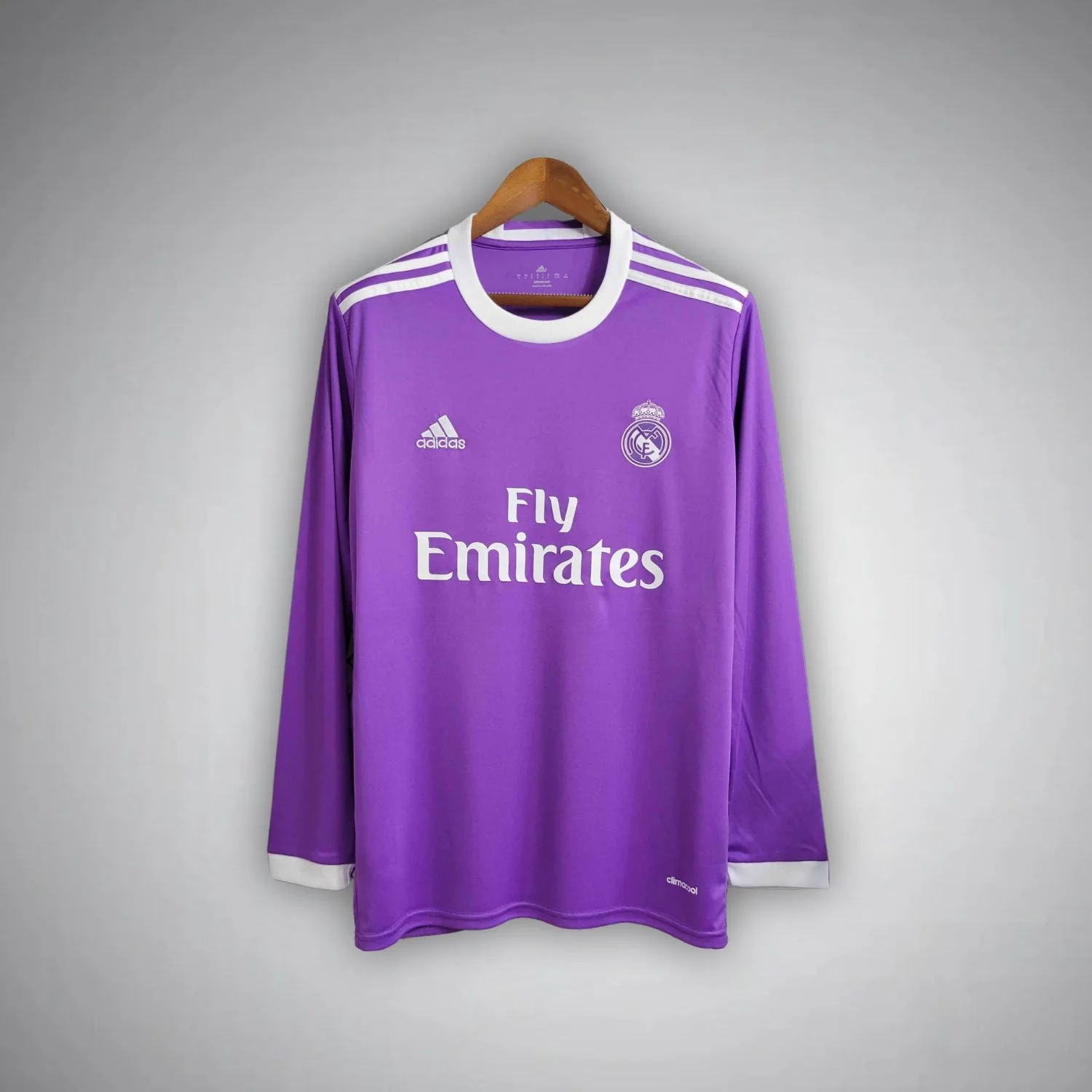 Purple Real Madrid away long sleeve with a broad white round collar and white cuffs