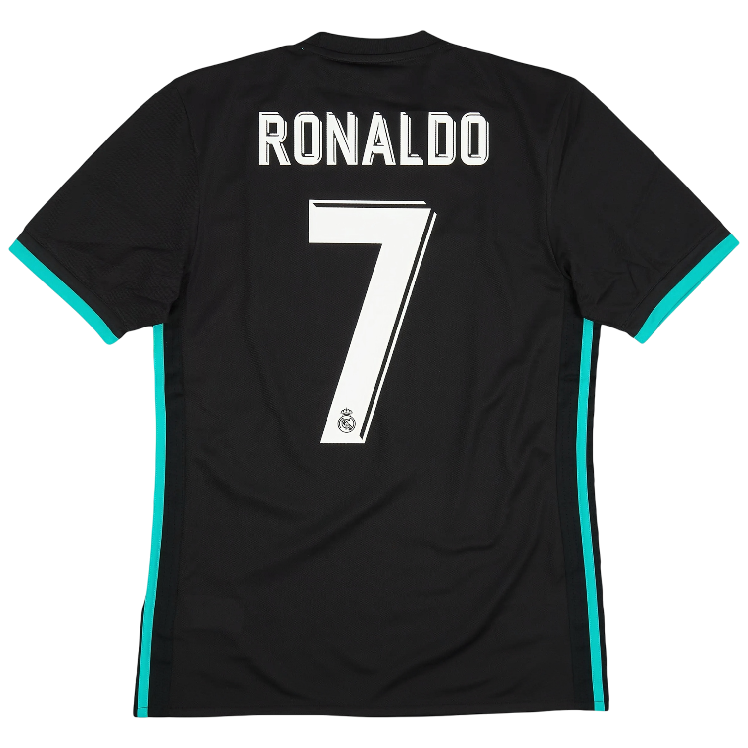 Real Madrid black short sleeve football shirt, back view with white RONALDO lettering and number 7, teal cuffs and teal side stripes